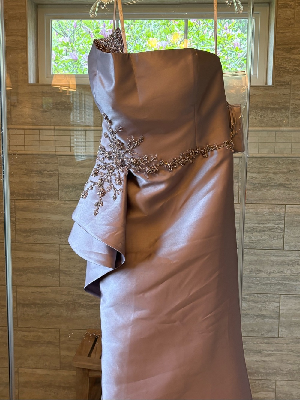 Terani Couture Champagne Satin Mermaid Gown with Draped Capelet Detail - Picture 5 of 9